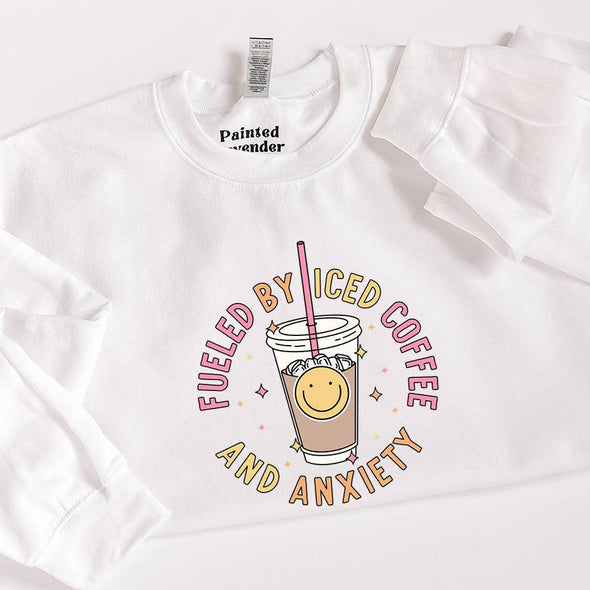 Fueled by Iced Coffee and Anxiety Crewneck Sweatshirt--Painted Lavender