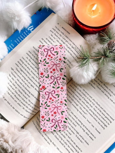 Bows and Holly Berries Pink Bookmark-Bookmarks-Painted Lavender