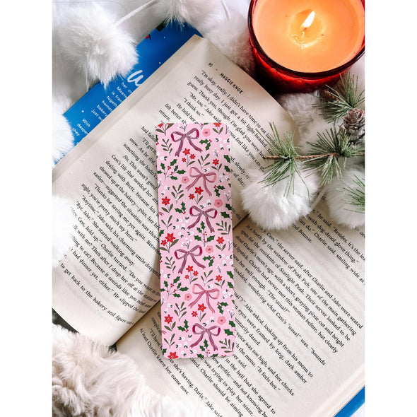 Bows and Holly Berries Pink Bookmark-Bookmarks-Painted Lavender