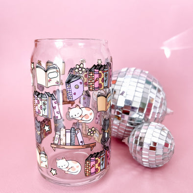 Cats and Books Glass Cup-Painted Lavender