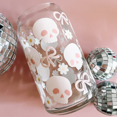 Pink Skulls and Bows Can Glass Cup