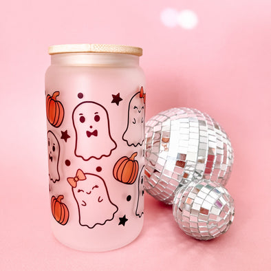 Ghosts and Pumpkins Frosted Glass Cup-Painted Lavender