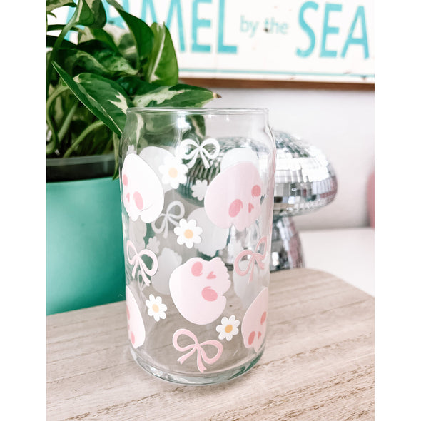 Pink Skulls and Bows Can Glass Cup-Painted Lavender