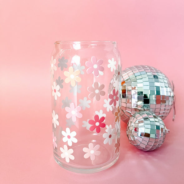 Pastel Pink Flowers Glass Cup-Painted Lavender