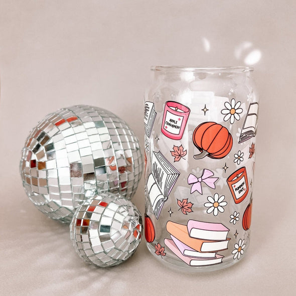 Cozy Fall Books and Candles Glass Cup-Painted Lavender