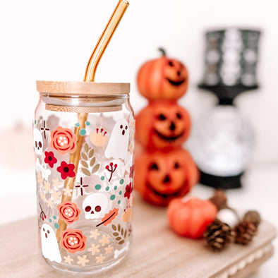 Spooky Fall Floral Can Glass Cup-Painted Lavender