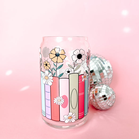 Floral Bookshelf 16oz Glass Cup-Painted Lavender