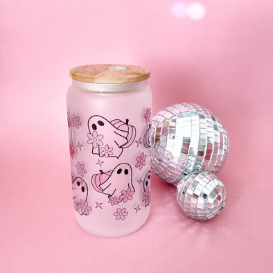 Retro Ghosts and Flowers Glass Cup-Painted Lavender