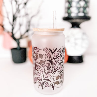 Spooky Skull Garden Frosted Glass Can Cup-Painted Lavender
