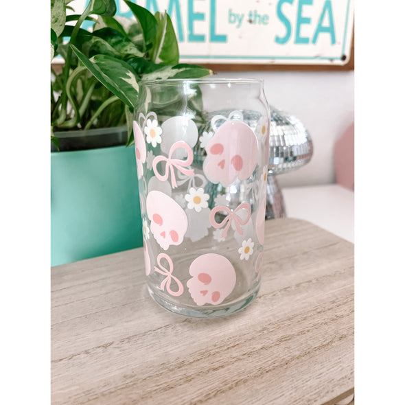 Pink Skulls and Bows Can Glass Cup-Painted Lavender