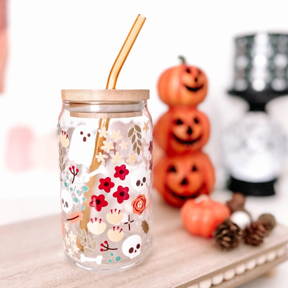 Spooky Fall Floral Can Glass Cup--Painted Lavender