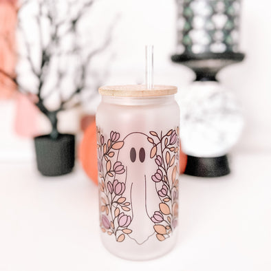 Spooky Ghost Garden Frosted Glass Can Cup-Painted Lavender
