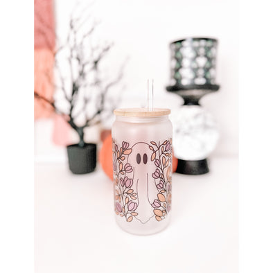 Spooky Ghost Garden Frosted Glass Can Cup--Painted Lavender