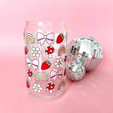 Berries, Bows and Rainbows Glass Can Cup-Painted Lavender