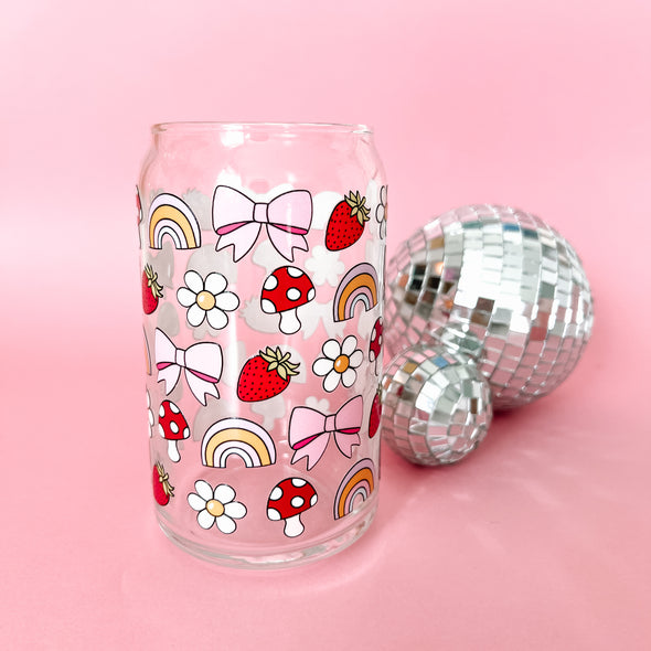 Berries, Bows and Rainbows Glass Can Cup-Painted Lavender