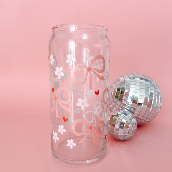 Coquette Pink Bows and Flowers Glass Cup-Painted Lavender
