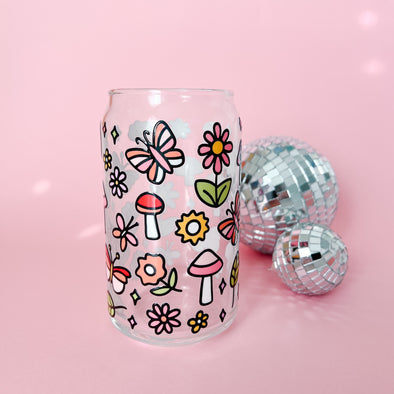 Butterflies and Garden Blooms Glass Cup-Painted Lavender