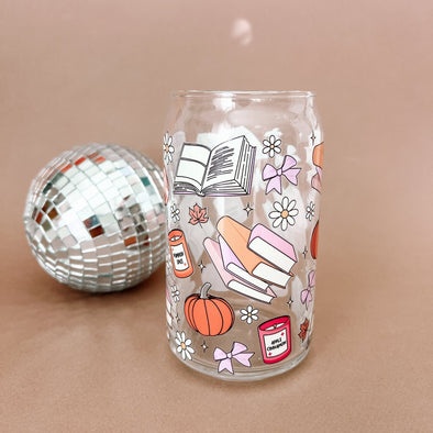Cozy Fall Books and Candles Glass Cup-Painted Lavender