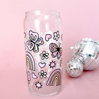 Butterflies and Flowers Glass Cup-Painted Lavender