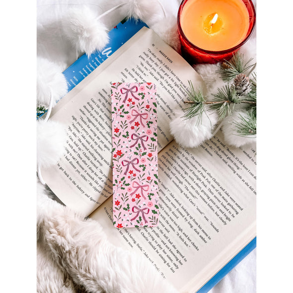 Bows and Holly Berries Pink Bookmark-Bookmarks-Painted Lavender