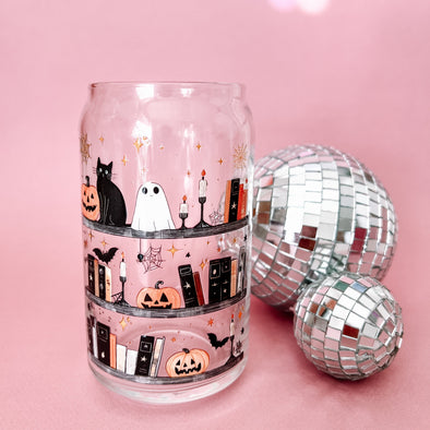 Cozy Spooky Bookshelf Glass Cup-Painted Lavender
