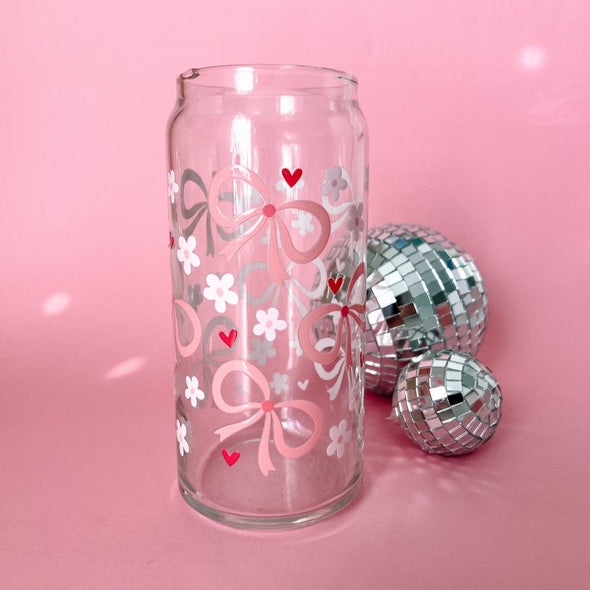 Coquette Pink Bows and Flowers Glass Cup-Painted Lavender