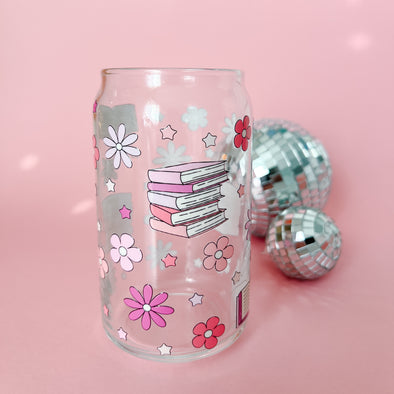 Pink Books and Flowers Glass Cup-Painted Lavender