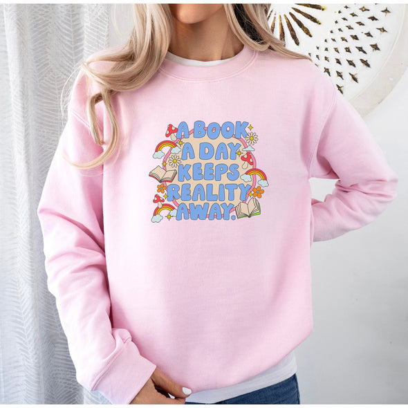 A Book A Day Keeps Reality Away Crewneck Sweatshirt-Painted Lavender