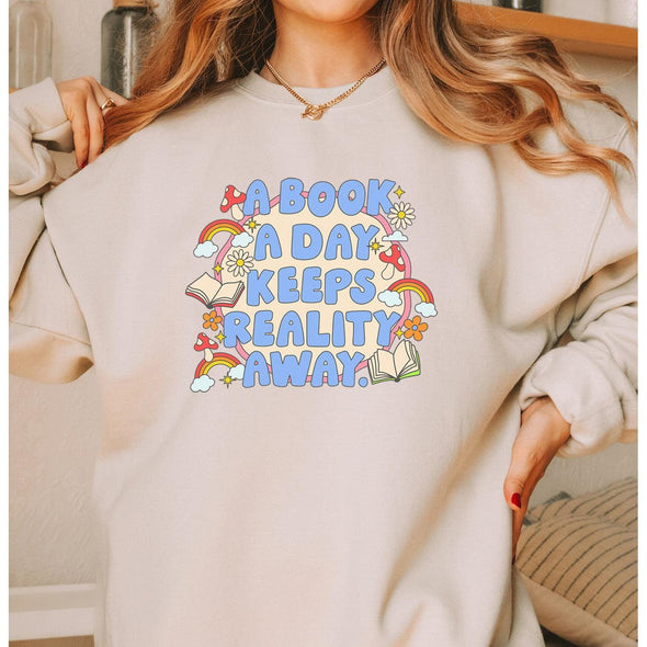 A Book A Day Keeps Reality Away Crewneck Sweatshirt-Painted Lavender