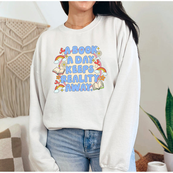 A Book A Day Keeps Reality Away Crewneck Sweatshirt-Painted Lavender