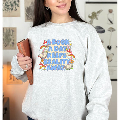 A Book A Day Keeps Reality Away Crewneck Sweatshirt-Painted Lavender