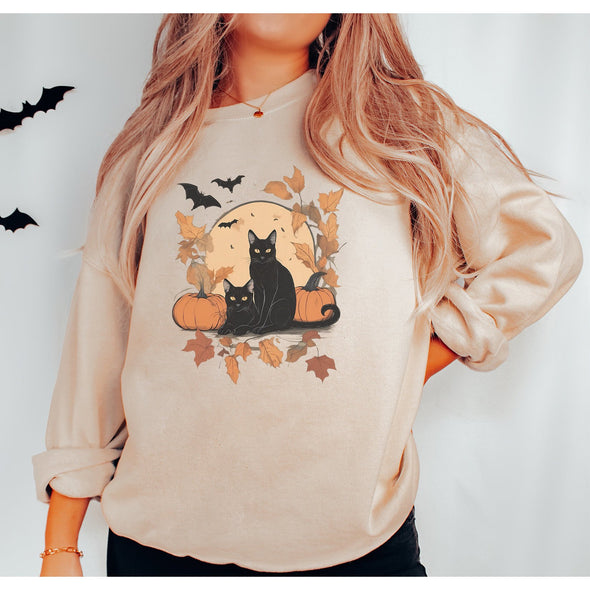 Autumn Leaves Cat Crewneck Sweatshirt-Painted Lavender