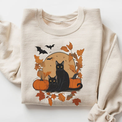 Autumn Leaves Cat Crewneck Sweatshirt-Painted Lavender