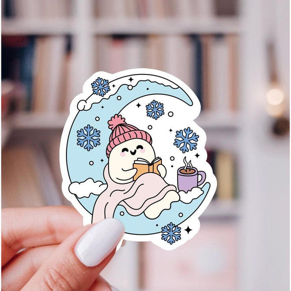 Bookish Moon Winter Reading Sticker-Stickers-Painted Lavender