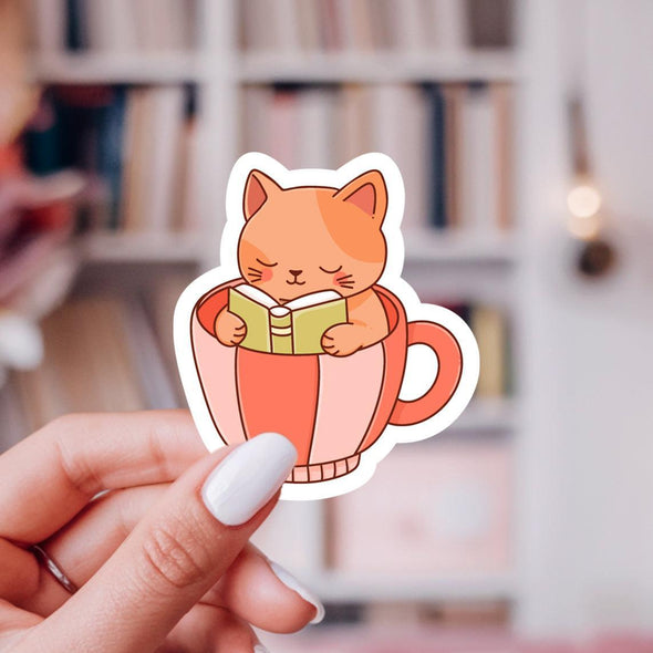 Cozy Cat Reading In Mug Bookish Sticker-Stickers-Painted Lavender