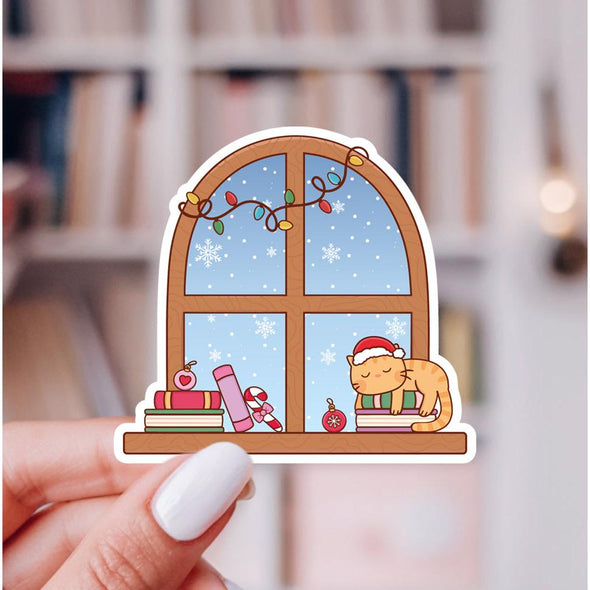 Christmas Bookish Cat Window Sticker-Stickers-Painted Lavender