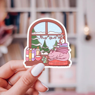 Bookish Winter Reading Dragon in Window Sticker-Stickers-Painted Lavender