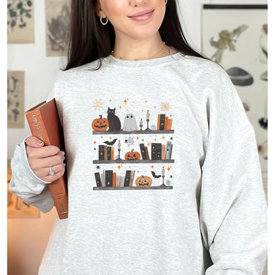 Cozy Spooky Bookshelf Crewneck Sweatshirt-Painted Lavender