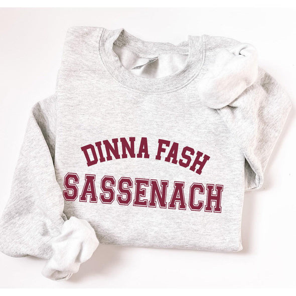 Dinna Fash Sassenach Varsity Crewneck Sweatshirt, Burgundy Print--Painted Lavender