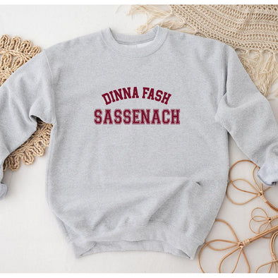 Dinna Fash Sassenach Varsity Crewneck Sweatshirt, Burgundy Print--Painted Lavender