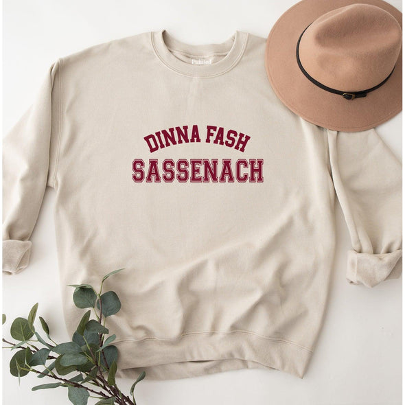Dinna Fash Sassenach Varsity Crewneck Sweatshirt, Burgundy Print--Painted Lavender