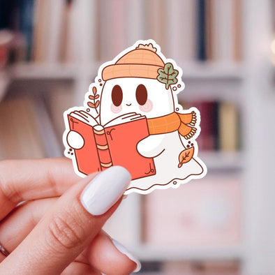 Fall Cozy Bookish Ghost Sticker-Stickers-Painted Lavender