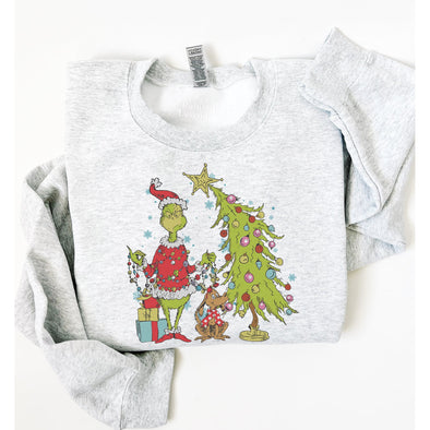 Grinchmas Tree Decorating Crewneck Sweatshirt-Painted Lavender