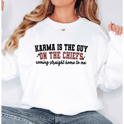 Karma Is the Guy On the Chiefs Minimal Crewneck Sweatshirt--Painted Lavender