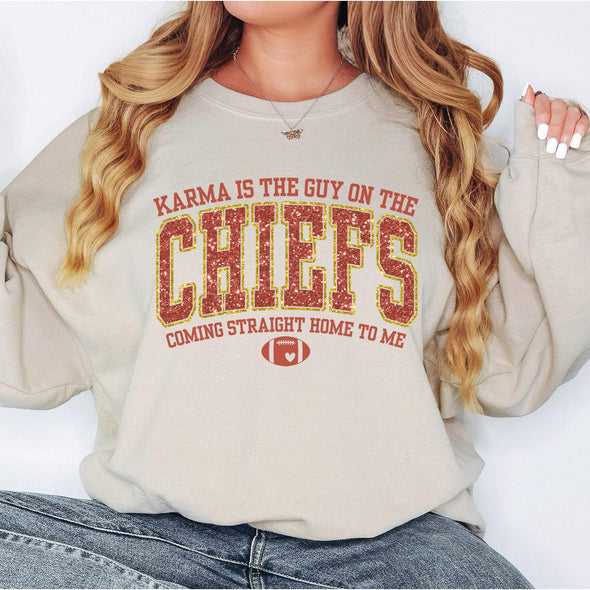 Karma Is The Guy On The Chiefs Crewneck Sweatshirt-Painted Lavender