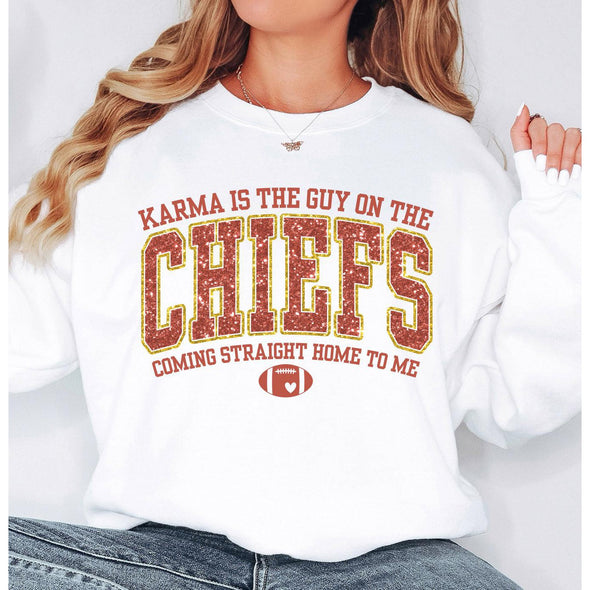Karma Is The Guy On The Chiefs Crewneck Sweatshirt--Painted Lavender