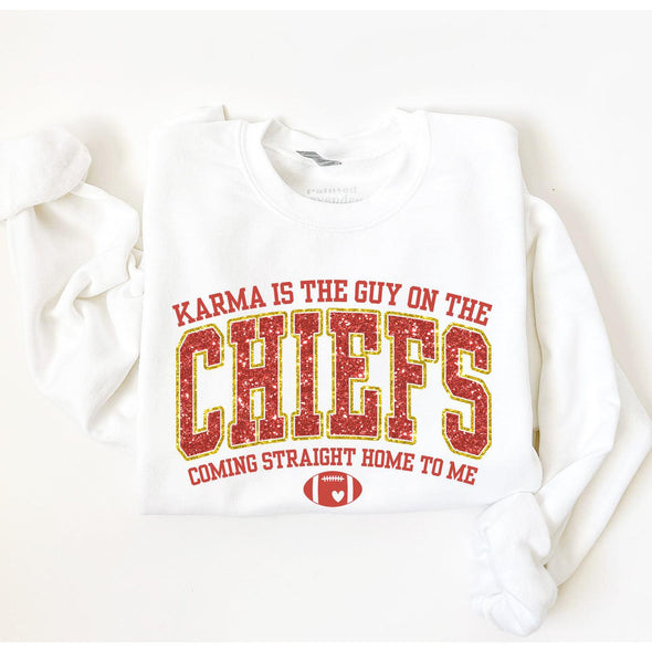 Karma Is The Guy On The Chiefs Crewneck Sweatshirt-Painted Lavender
