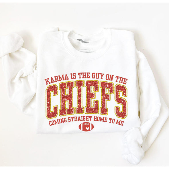 Karma Is The Guy On The Chiefs Crewneck Sweatshirt--Painted Lavender