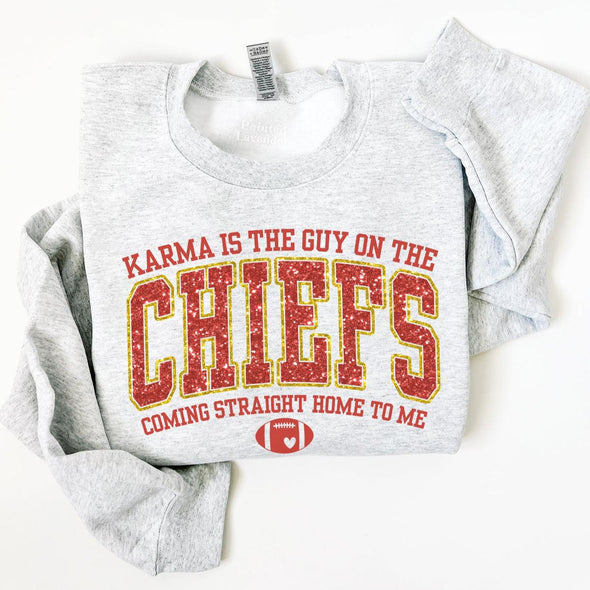 Karma Is The Guy On The Chiefs Crewneck Sweatshirt-Painted Lavender