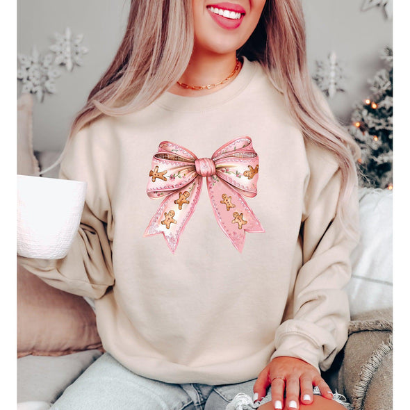 Pink Gingerbread Bow Crewneck Sweatshirt-Painted Lavender